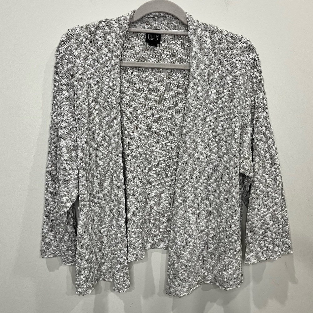 Eileen Fisher 3/4 Sleeve‎ Open Front Cardigan Women’s Sz L Gray White Silk Blend
